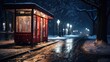 Bus station in the night while snow is falling, quiet anticipation and communal aspect of city life in winter, a serene, bus stop windows frosted over, alone, quiet path, glowing street lamps.