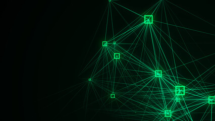 Wall Mural - Block chain technology concept. Big data visualization. Artificial intelligence. Green network connection structure. Abstract digital background with matrix. 3d rendering.