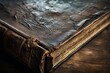 An antique book resting on a rustic wooden table