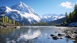 Fototapeta Natura - A stunning reflection of a mountain range in a serene lake