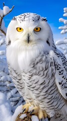 Wall Mural - A majestic white owl perched on a branch, with piercing yellow eyes