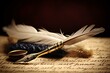 A feather quill resting on a blank sheet of paper