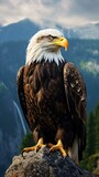 Fototapeta  - A majestic bald eagle perched on a rugged rock