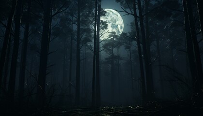  A mysterious forest illuminated by the light of a full moon