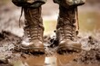 Closeup of a soldiers boots, caked in mud and dirt from strenuous training exercises, a testament to their resilience and determination.
