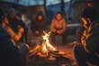 Closeup of a group of refugees gathered around a fire, sharing stories and memories of the home they were forced to leave behind.