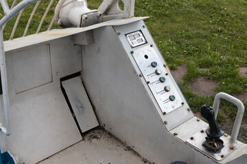 Cabin of the old mine monorail, close-up. View from the inside. The concept of coal mining.