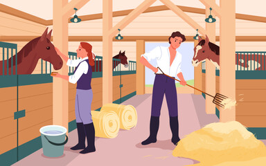 people work in equine stable for horses, stallions vector illustration. cartoon stable inside scene,