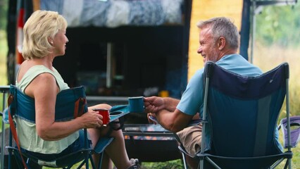 Wall Mural - Rear view of senior couple camping in countryside with RV drinking coffee by outdoor fire - shot in slow motion