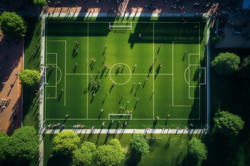 Wall Mural - Aerial view of people on a university sports lawn, top down view of an American soccer pitch with students, grass on the field greenery and trees all around, drone view 