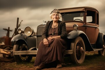 American old woman car 1920 year. Pretty female. Generate Ai