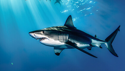 Wall Mural - great white shark swimming in the deep blue ocean