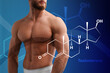 Muscular man and structural formula of testosterone on blue background, closeup
