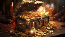 Glittering Gold Coins Reveal A Hidden Treasure, Sparkling With The Allure Of Untold Riches Waiting To Be Discovered. Seamless Looping 4 K Time Lapse Video Footage. Generated With Ai