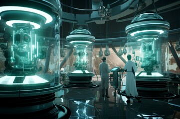 Poster - Futuristic lab in light. Science future. Generate Ai