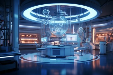 Poster - Innovative Futuristic lab in light. Science future. Generate Ai