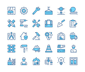 Fototapete - Construction icons set. Vector line icons. Blue color outline stroke symbols. Modern concepts