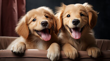 Two heartwarming Golden Retrievers. Fluffy and brightly colored, their mouths are wide open, tongues sticking out, and they are laughing playfully in a moment of joy Generative AI	