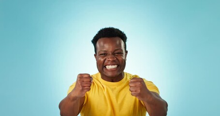 Poster - Studio, excited or happy black man celebration, smile and happiness for success, giveaway or lotto news. Winner achievement, energy or African person cheers for winning competition on blue background