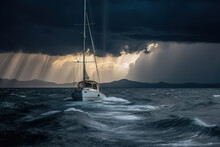 A Stormy Sea With A Sailboat Sinking In The Waves, Capturing The Intense Action And Drama Of The Moment, Emphasizing The Roughness Of The Sea. Generative AI