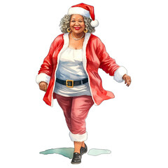 Wall Mural - African American woman, senior, person wearing santa claus hat and Christmas outfit. Standing, full body