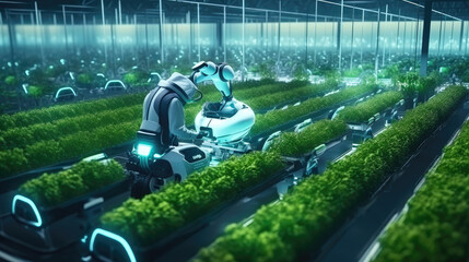 Canvas Print - Agriculture robotic working in smart farm, Future technology with smart agriculture farming concept