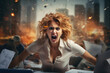 a woman yelling angry, office background