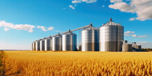 Elevator. Large Aluminum Silos For Storing Cereals Against The Blue Sky And Voluminous Clouds. A Field Of Golden Ripe Wheat. Harvest Season