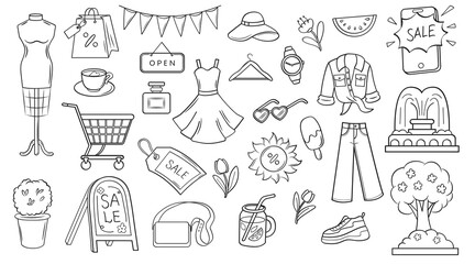 Wall Mural - Summer city shopping. Goods for the whole family sale. Doodle set of elements. Clothing, shoes, perfume, jewelry, accessories.