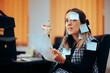 Busy Businesswoman Being Covered in Sticky Notes Working. Stressed office worker using written memos to organize her business strategy 
