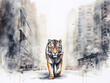 A Minimal Watercolor of a Tiger on the Street of a Large Modern City