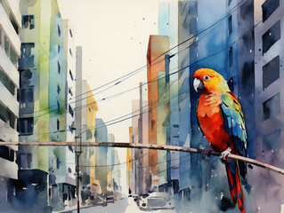 A Minimal Watercolor of a Parrot on the Street of a Large Modern City