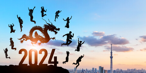 Aufkleber - ドラゴンとジャンプする人々　2024年新年イメージ　令和六年年賀状素材