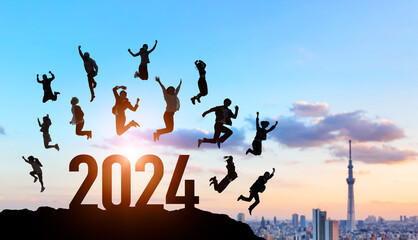 Aufkleber - ジャンプする人々　2024年新年イメージ　令和六年年賀状素材