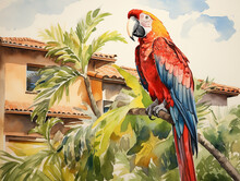 A Minimal Watercolor Of A Macaw In The Yard Of A House In The Suburbs