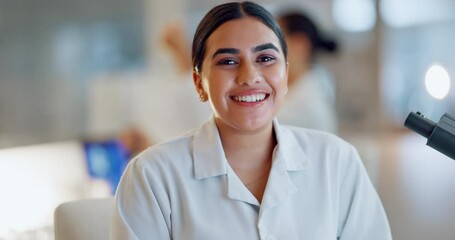 Wall Mural - Science, research and portrait of happy woman in laboratory with microscope, computer and confidence. Medical career, smile on scientist or lab technician in study for healthcare, medicine and test.