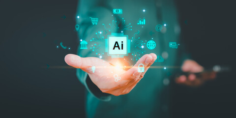 Poster - Ai technology, Artificial Intelligence. Financial and banking, online shopping, payment, chat. Communication internet connect application technology. Man show on hand with technology smart robot AI.