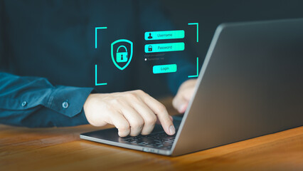 Poster - User type username and password for the computer laptop. Cyber security concept to protect personal data. Secure encryption and access to the user's private information to access the internet.