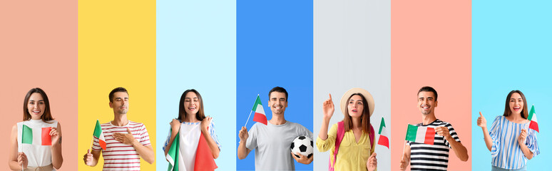 Poster - Set of people with Italian flags on color background