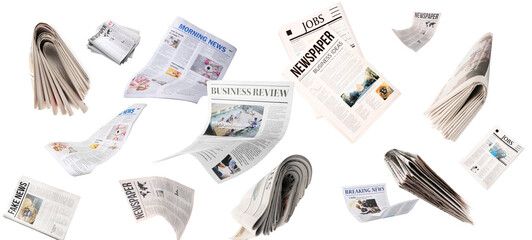 Many flying newspapers on white background