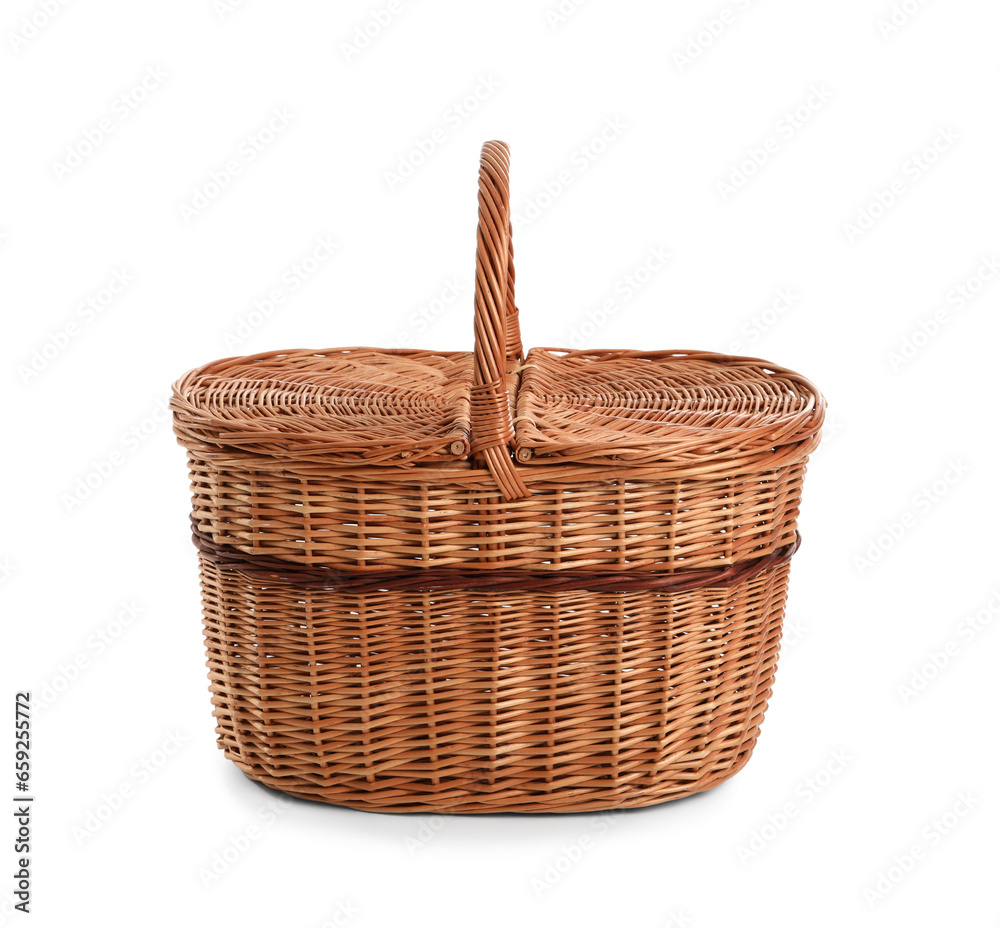 Wicker basket with lid isolated on white background