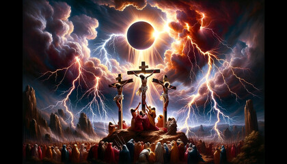 Poster - Solar Eclipse and the Electrifying Moment: Golgotha's Crucifixion Drama with Divine Illumination, Jesus Christ Between Two Criminals, Surrounded by Lightning, Dark Clouds, and Golden Sun Rays