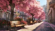 The Atmosphere On The Street In Summer Surrounded By Cherry Blossom Trees With Places To Sit There.  With Anime Or Cartoon Style. Seamless Looping Time-lapse Virtual Video Animation Background.	