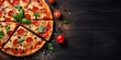 © Thares2020 - Rustic italian delight. Homemade pizza on table. Savoring flavors. Delicious pizzas. Fresh ingredients on wooden board