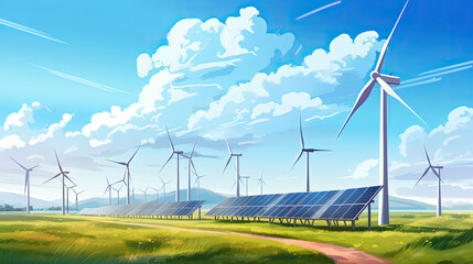 Wall Mural - Green eco city illustration. Wind turbines and solar panels on a grass field. Green environmental infrastructure. Place for text