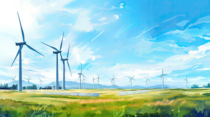 Wall Mural - Green eco city illustration. Wind turbines and solar panels on a grass field. Green environmental infrastructure. Place for text