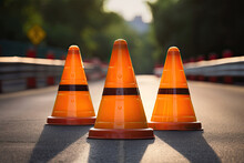 Three Traffic Cones On Asphalt Road