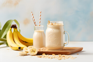 Vegan banana and oatmeal smoothie in glass jar on light background, healthy food.