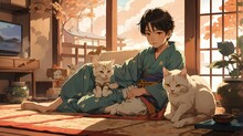Young Boy With His Pet Cats In Traditional Japanese House. Vector Art. Traditional Japanese Style. Generative AI.