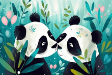 Cartoon Illustration, A Pair Of Pandas Kissing